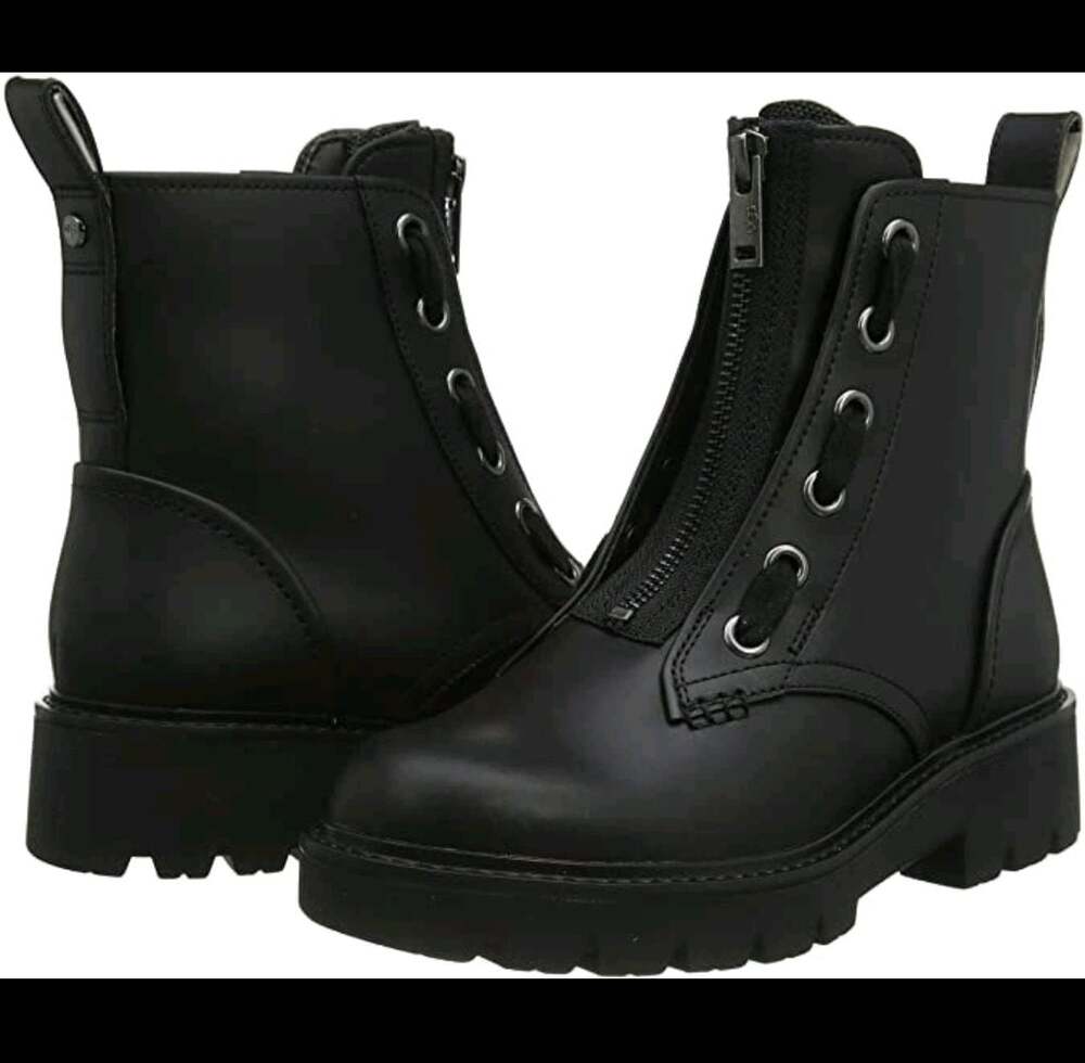UGG Daren Black Leather Combat Boots  Tall Lug Sole Zip Women’s Size 7.5